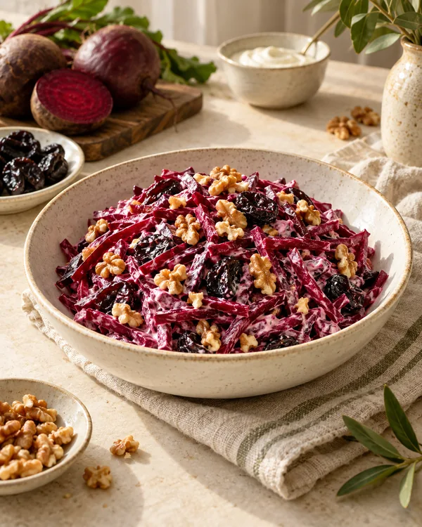 Салат из свёклы с черносливом и орехами — подача готового блюда