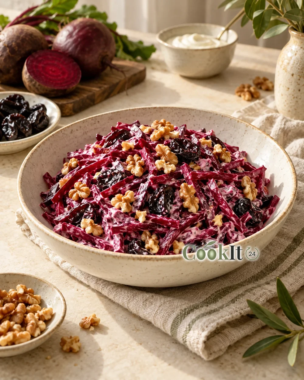 Салат из свёклы с черносливом и орехами — подача готового блюда