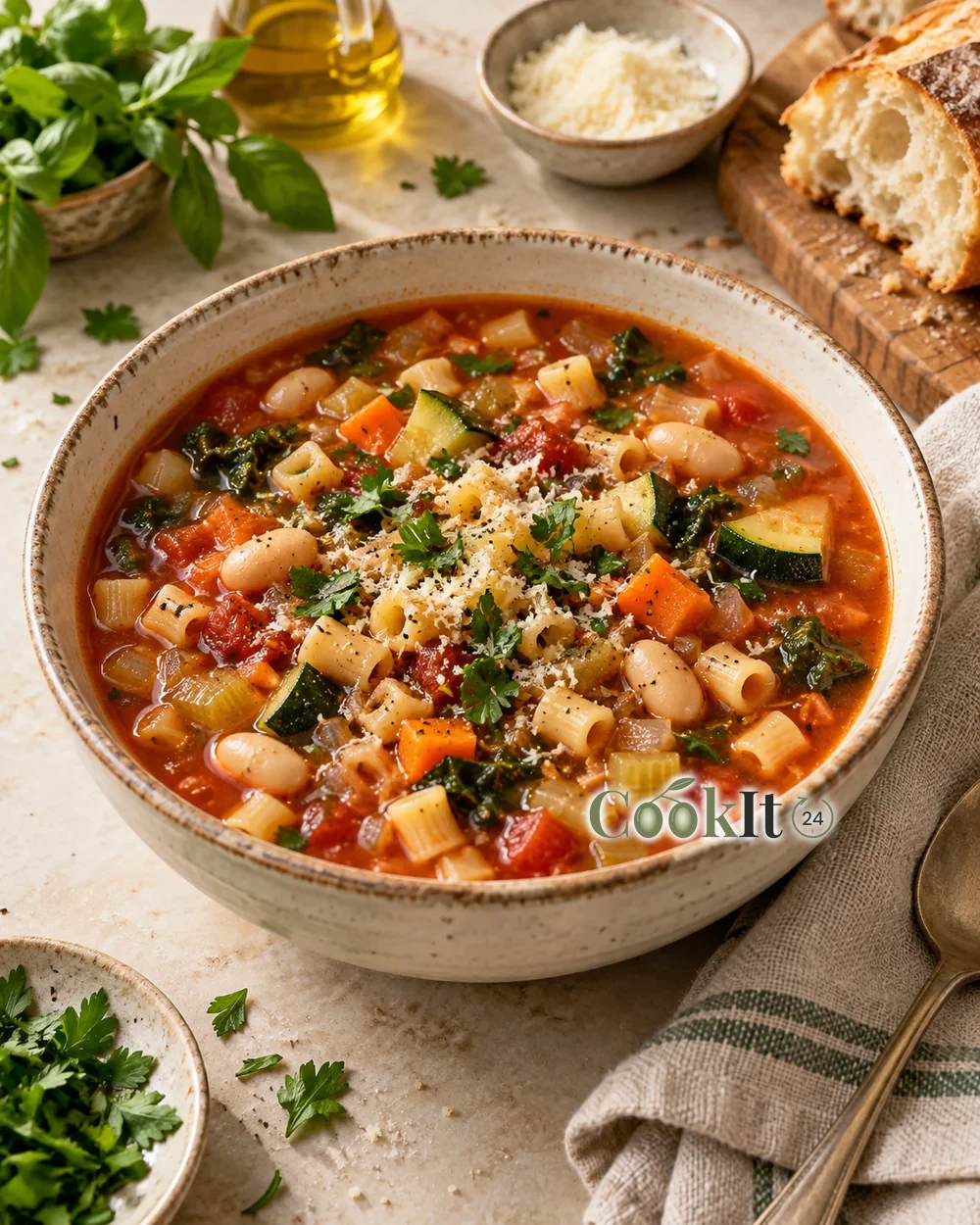 Минестроне с фасолью, овощами и пастой — подача готового блюда