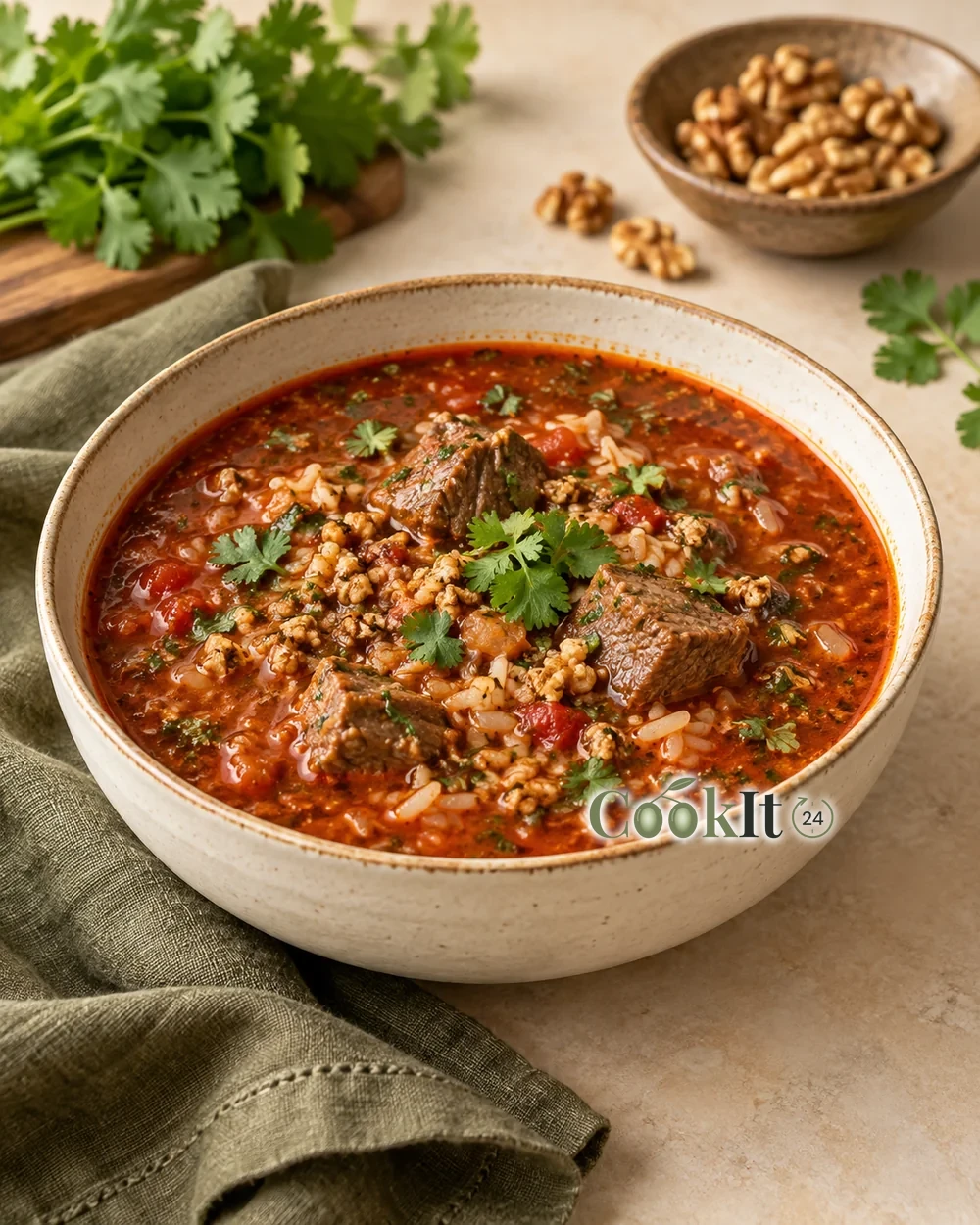 Харчо с говядиной, рисом и грецкими орехами — подача готового блюда