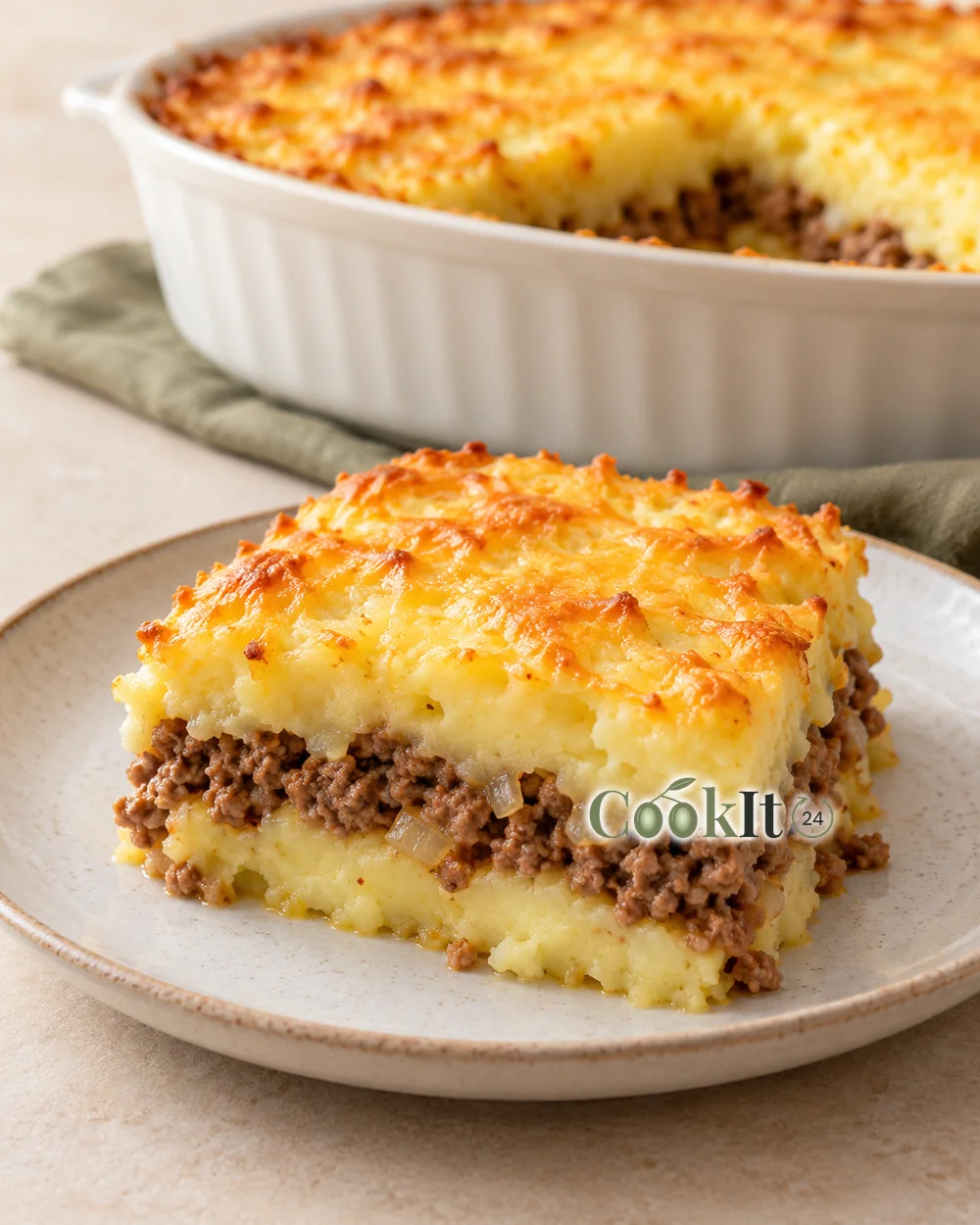 Картофельная запеканка с фаршем и сыром — иллюстрация блюда