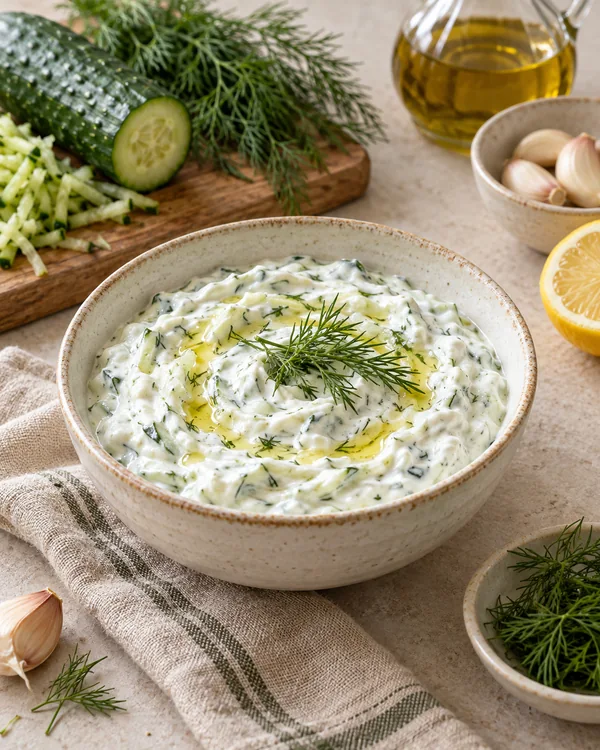 Дзадзики с огурцом и укропом — подача готового блюда