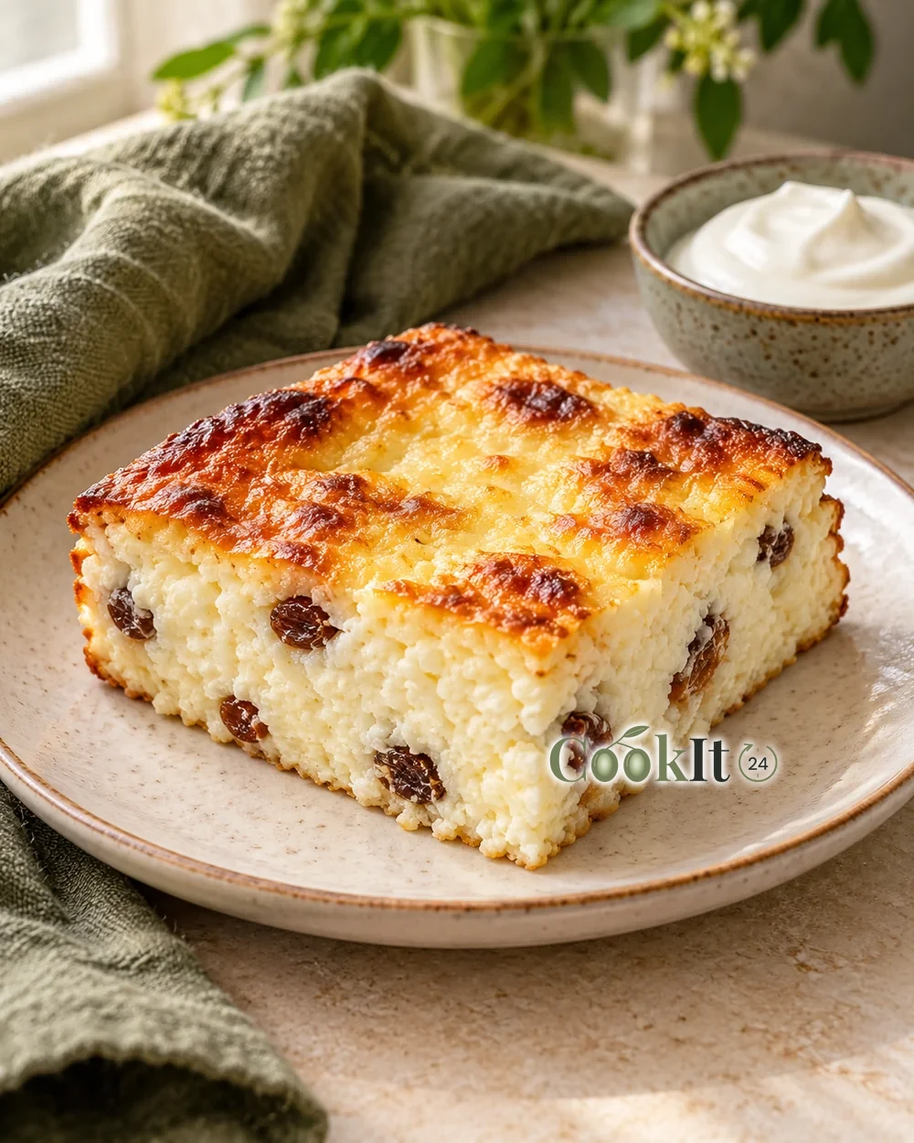 Творожная запеканка с манкой и изюмом — подача готового блюда