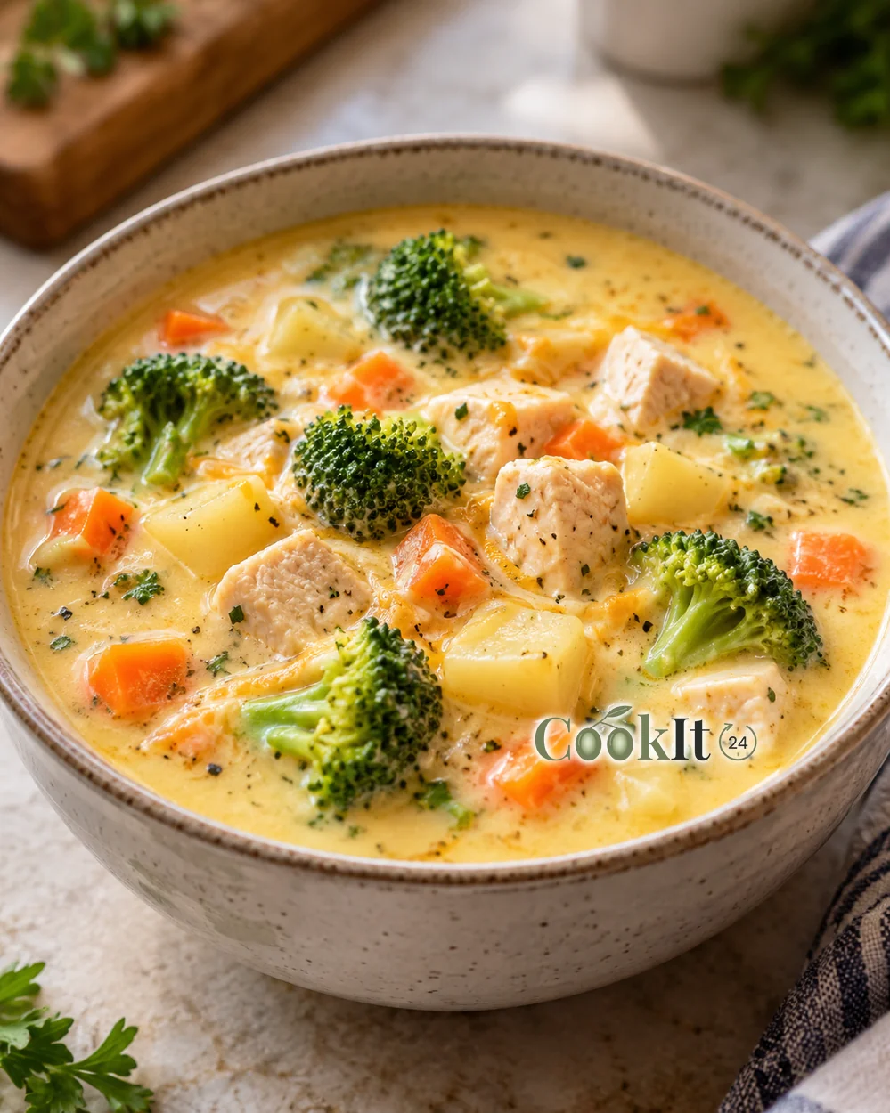Сырный суп с брокколи и курицей — иллюстрация блюда