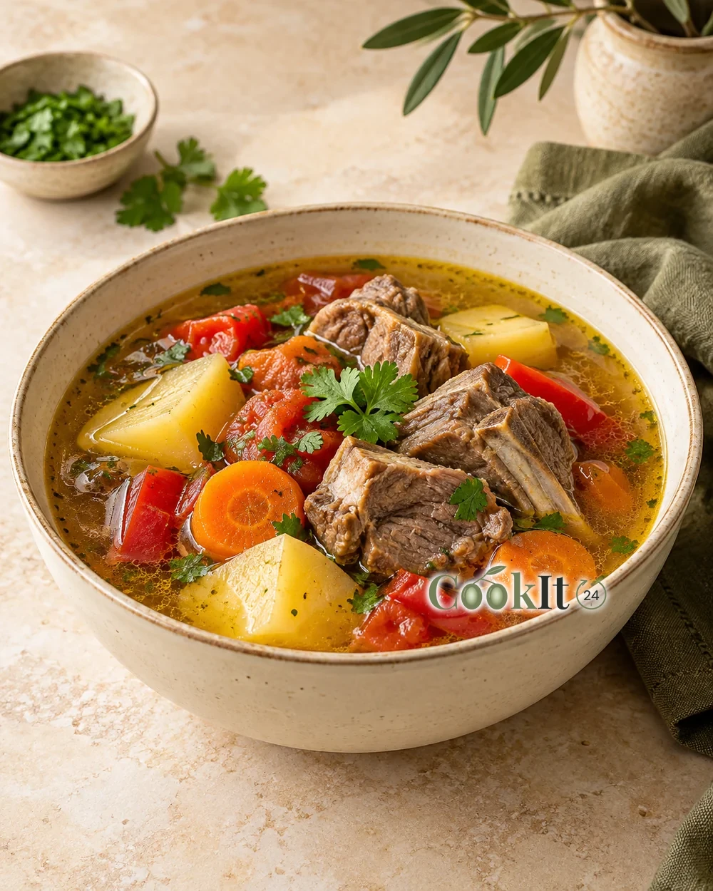Шурпа с бараниной и крупными овощами — подача готового блюда