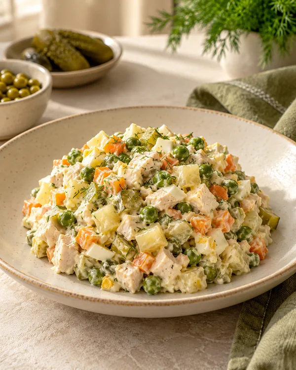Оливье с курицей и солёными огурцами — подача готового блюда