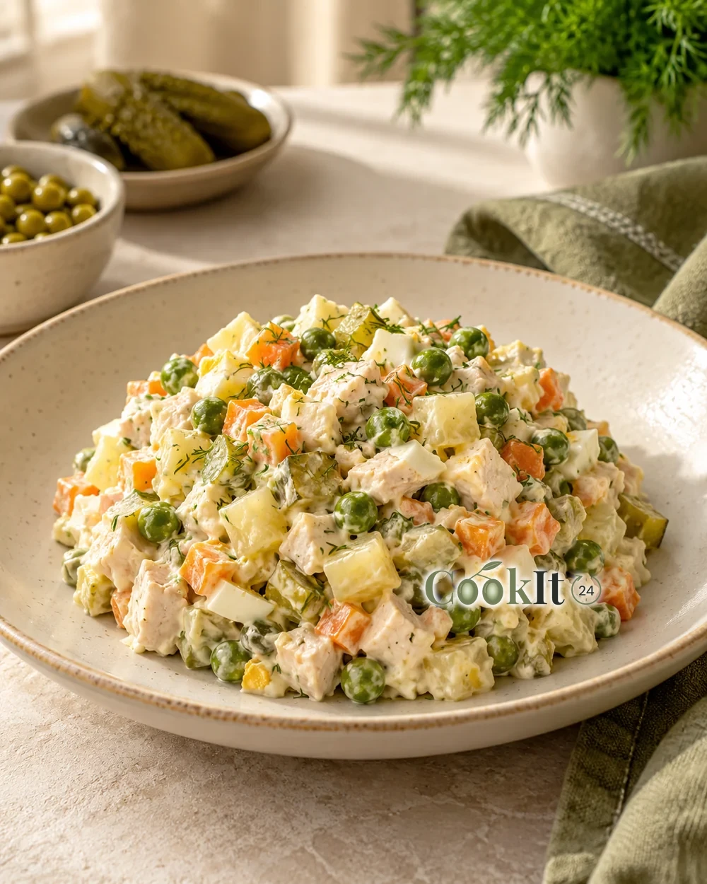 Оливье с курицей и солёными огурцами — подача готового блюда