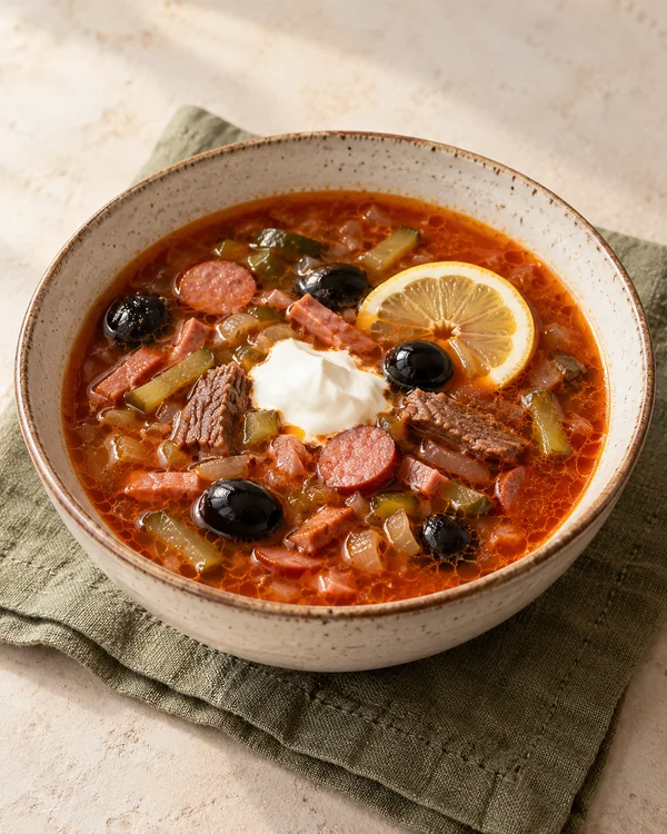 Солянка мясная сборная с огурцами и маслинами — иллюстрация блюда
