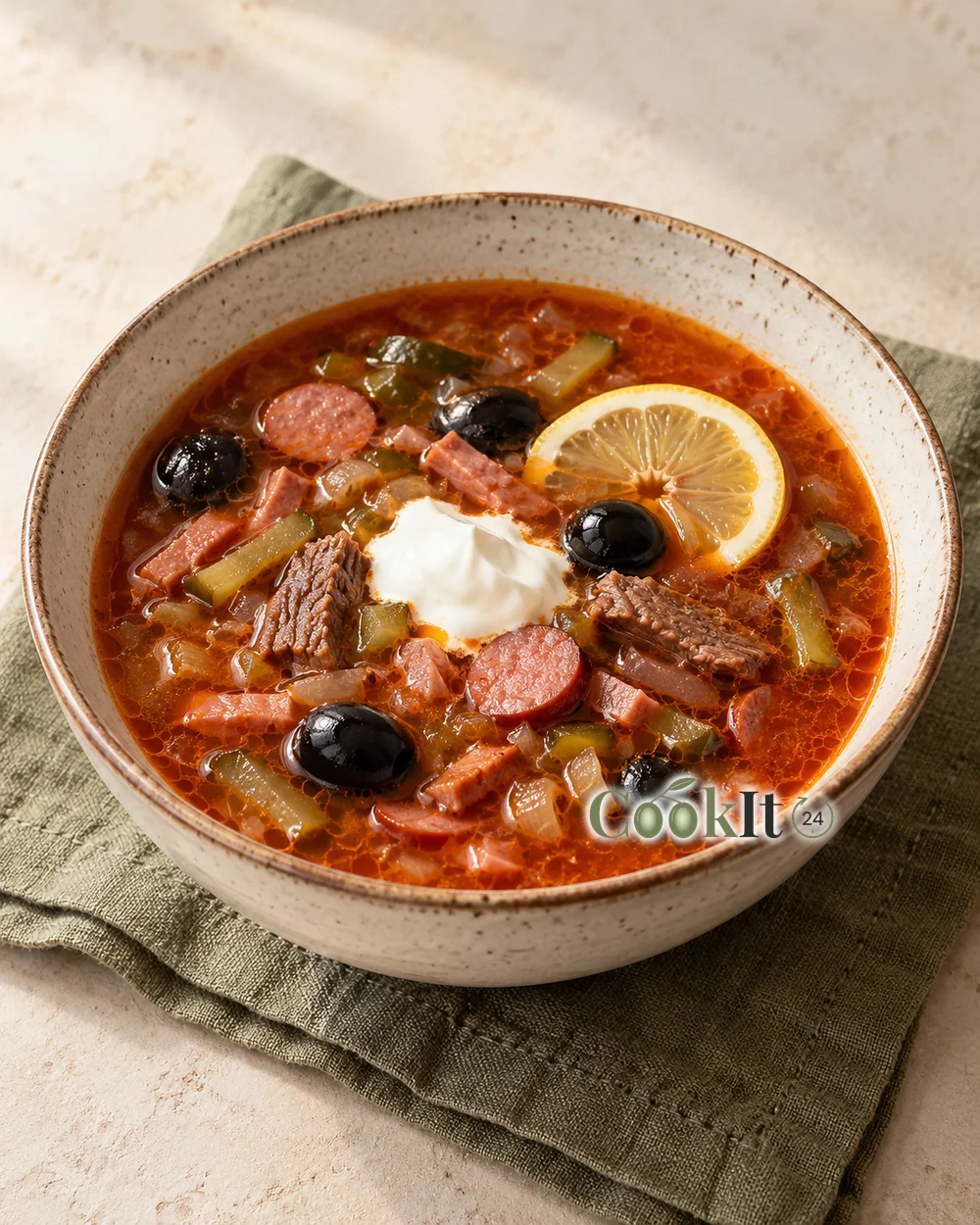 Солянка мясная сборная с огурцами и маслинами — иллюстрация блюда