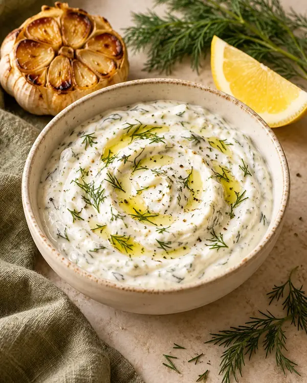 Густой йогуртовый соус с укропом в керамической миске, печёный чеснок и лимон рядом