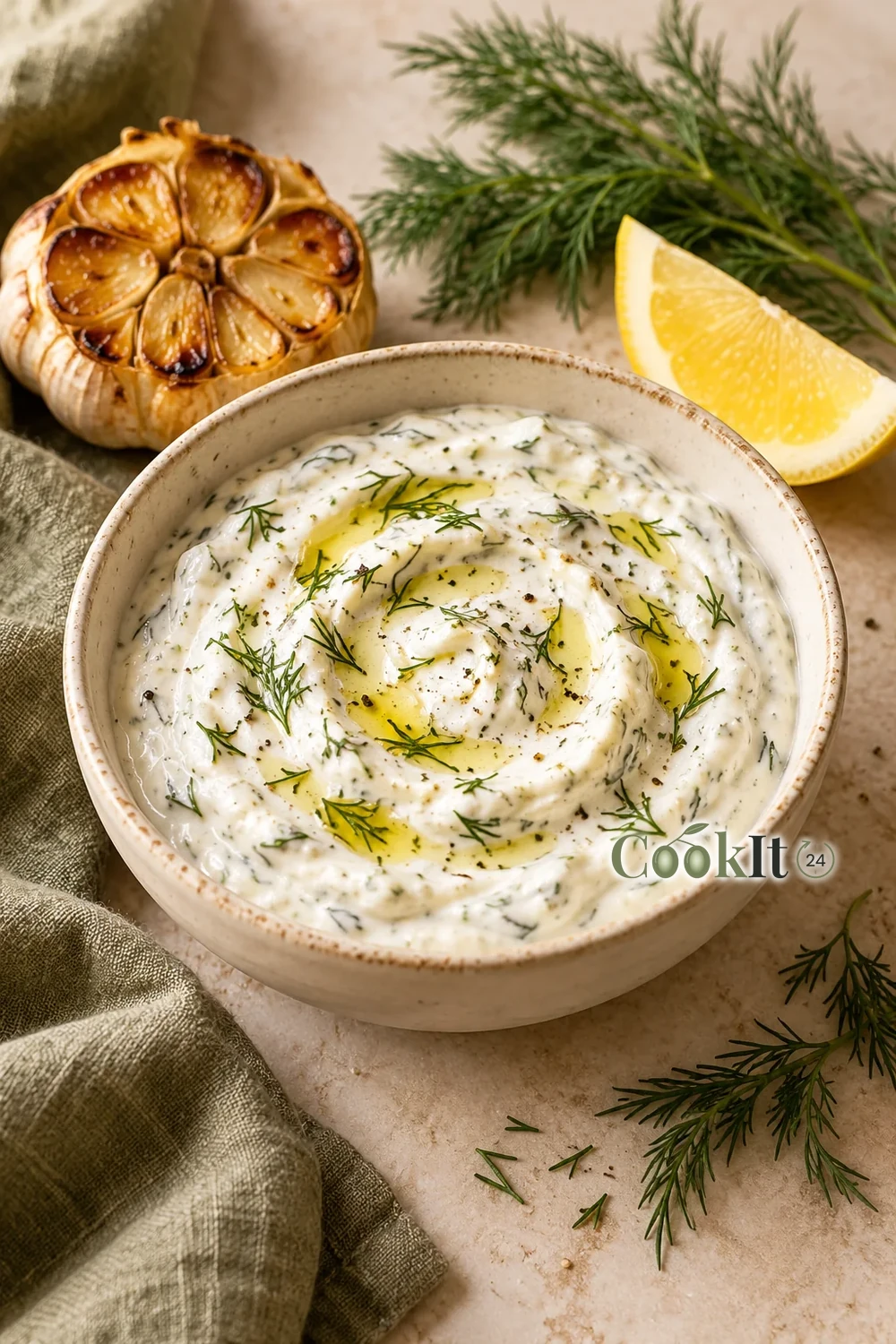 Густой йогуртовый соус с укропом в керамической миске, печёный чеснок и лимон рядом