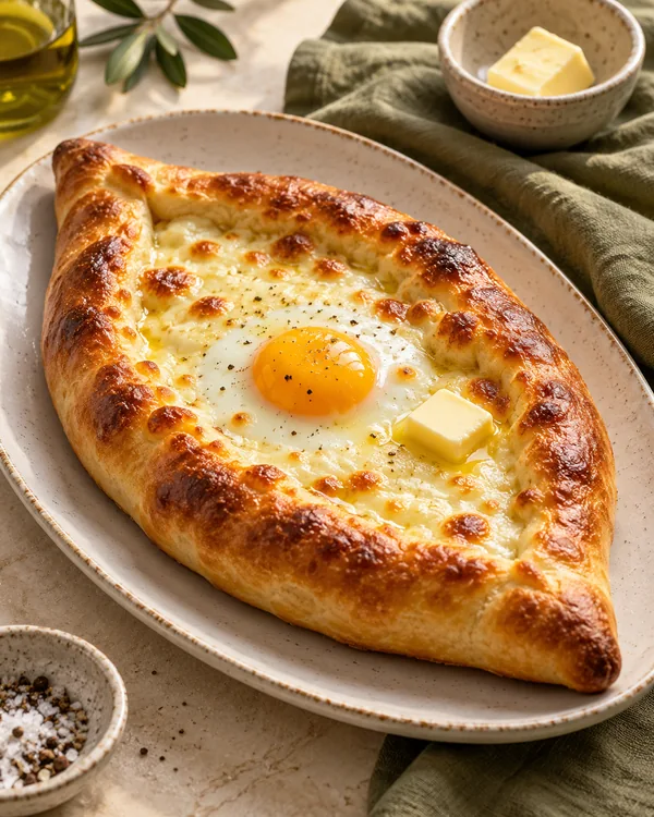 Хачапури по-аджарски с сыром и яйцом — подача готового блюда