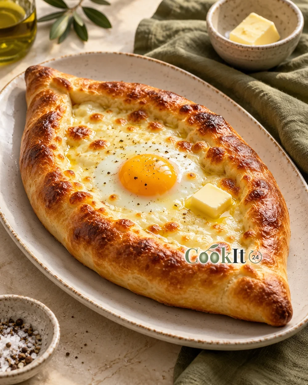 Хачапури по-аджарски с сыром и яйцом — подача готового блюда