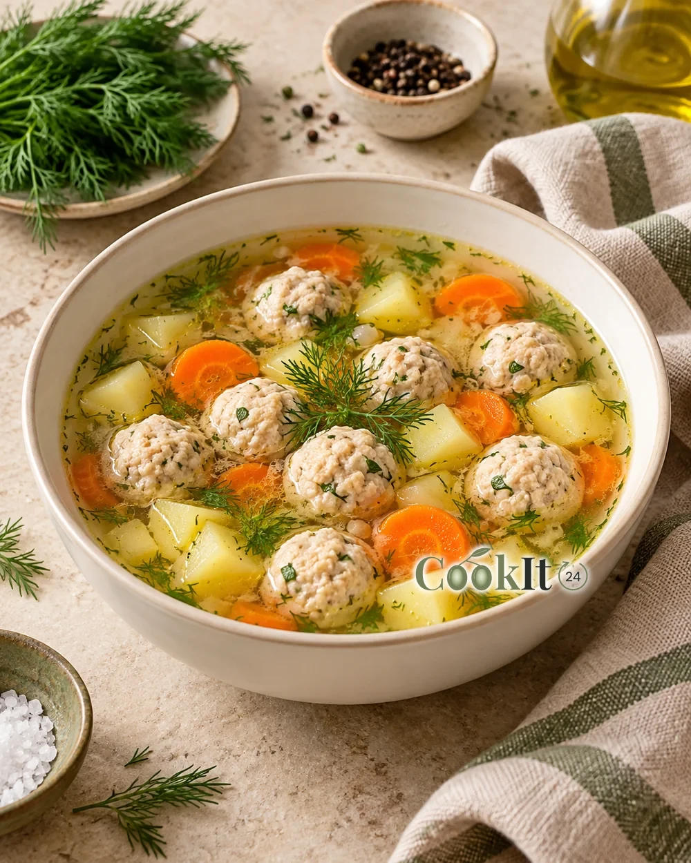 Суп с куриными фрикадельками и картофелем — подача готового блюда