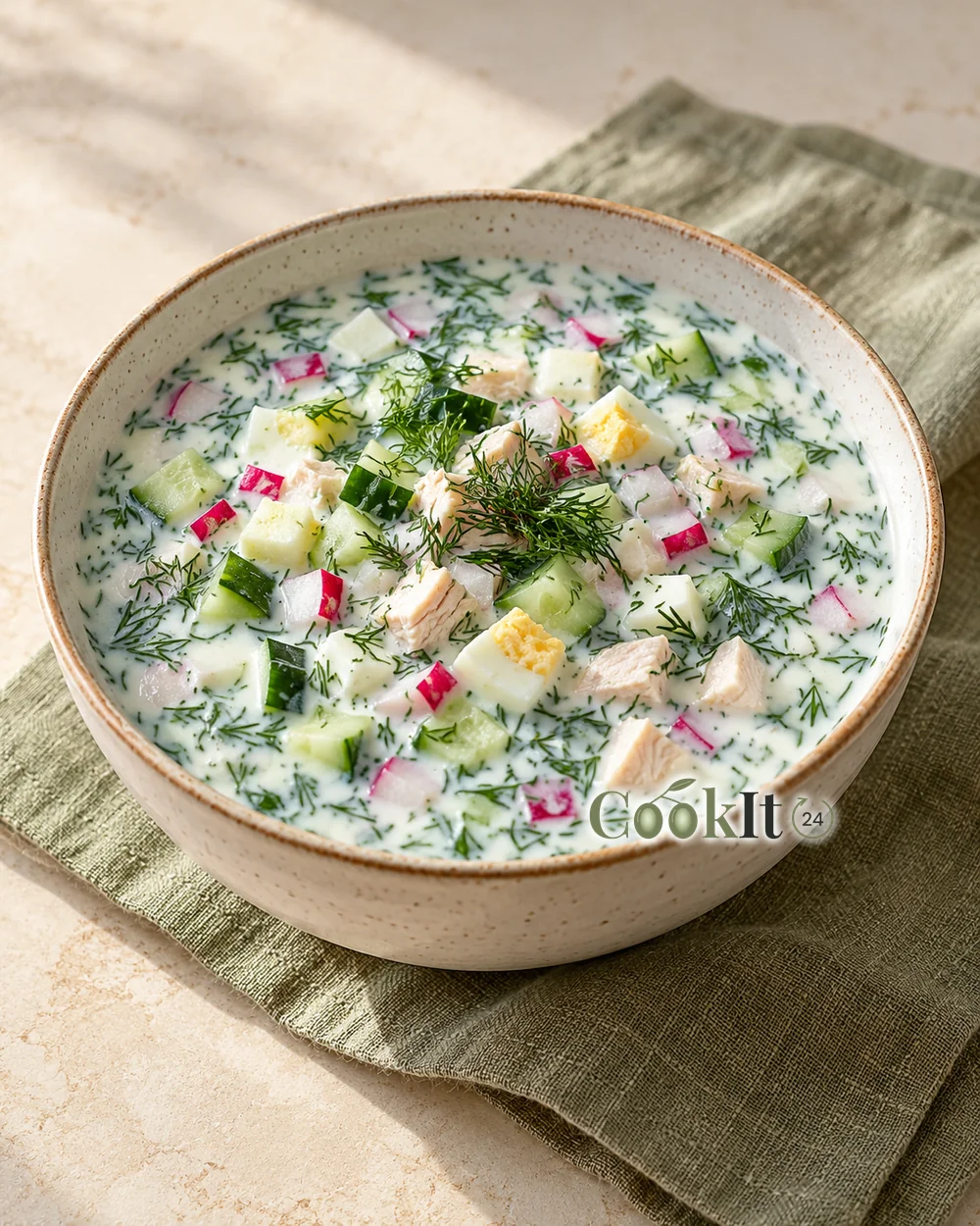 Окрошка на кефире с курицей и редисом — иллюстрация блюда