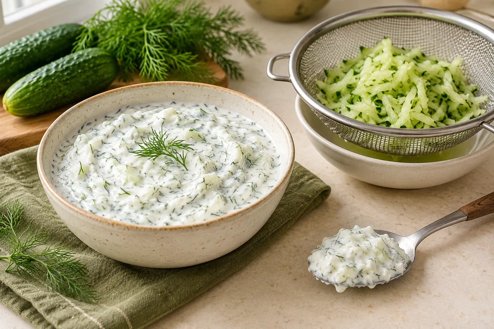 Густой йогуртовый соус с укропом и огурец, отцеживающийся в сите